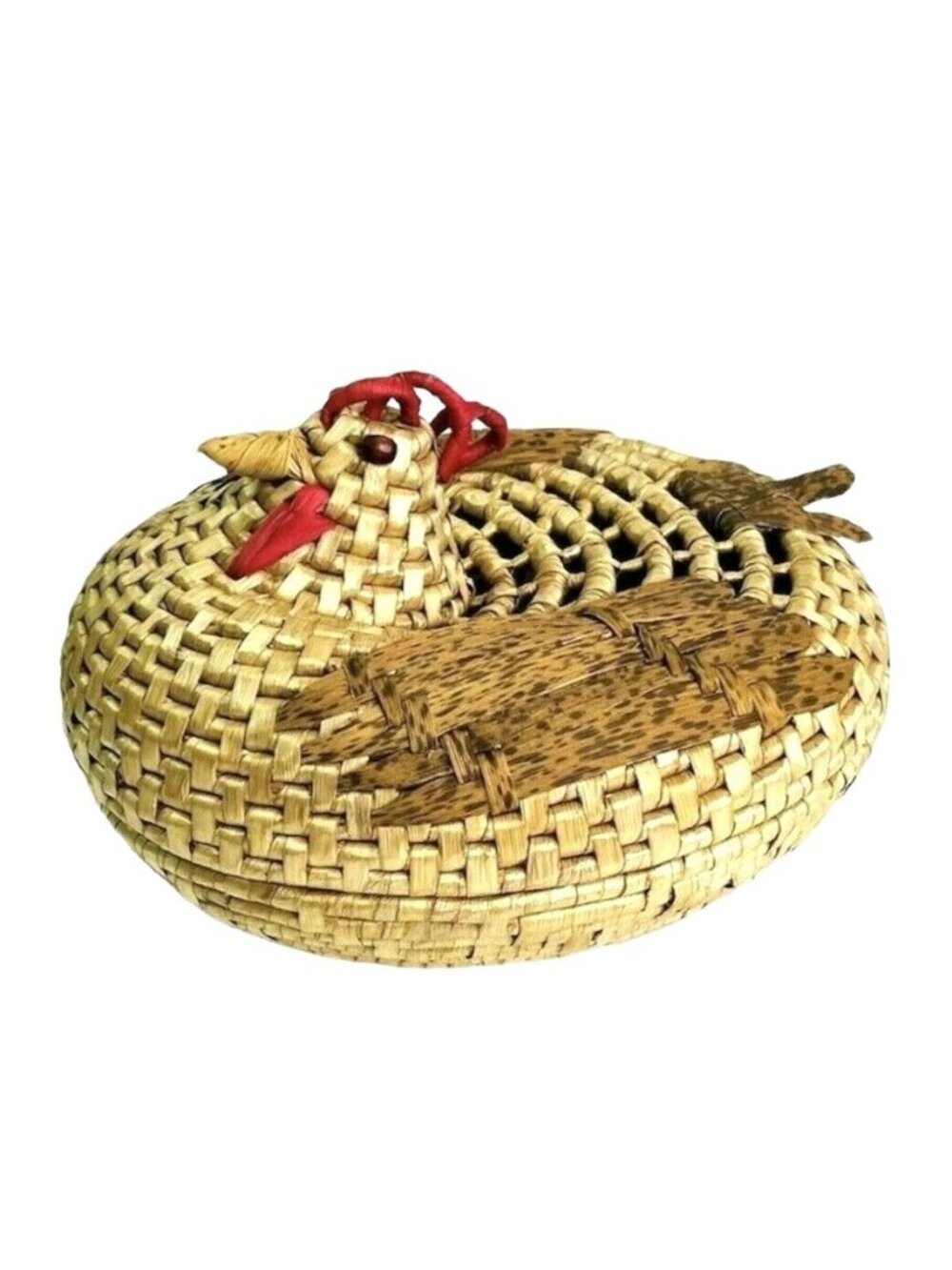 Vintage Wicker Chicken Rooster Basket with Lid Woven 8.5" x 6.5"
